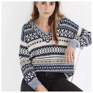 Madewell Forrest Fair Isle V-Neck Sweater Blue Cream Wool Blend Gorpcore Grunge